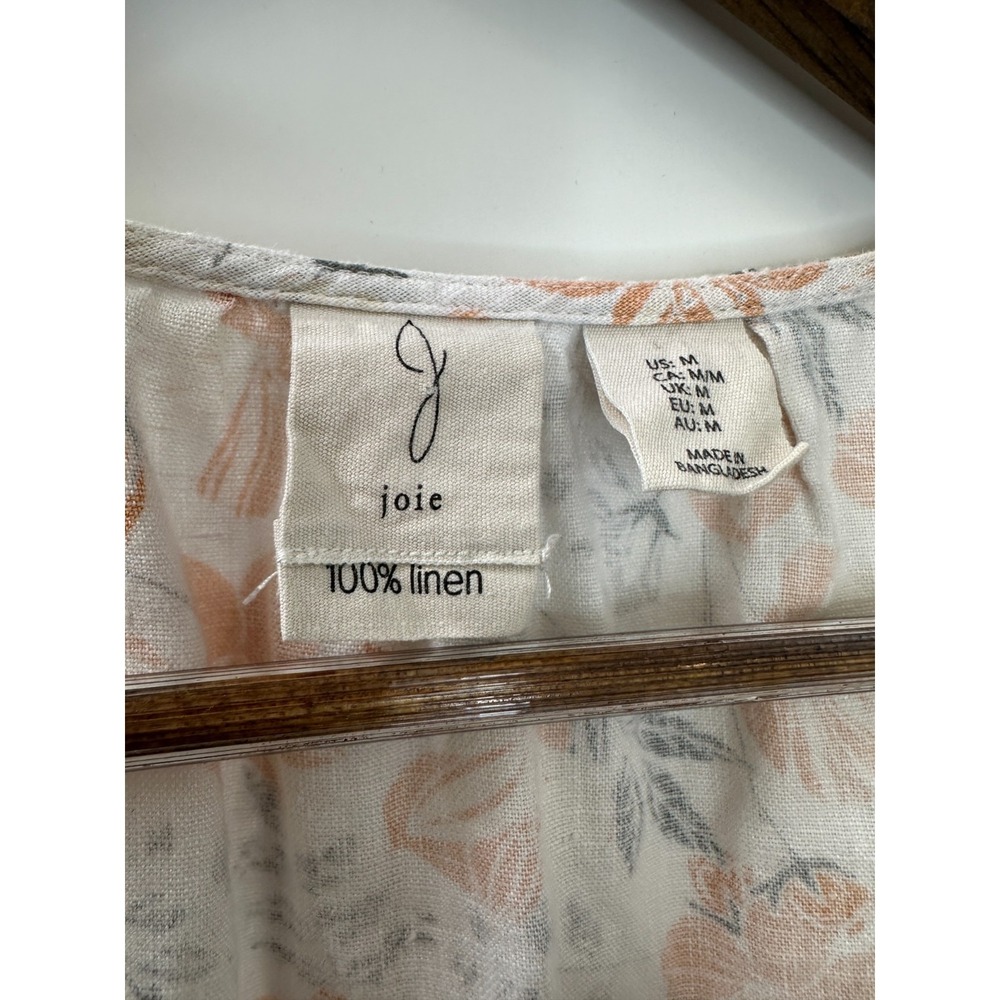 Joie Cream & Peach Floral 100% Linen Tiered Sleeveless V-Neck Mini Dress Medium - Picture 11 of 13